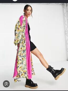 Free People Floral Satin-Trim Long Kimono — Yellow & Hot Pink